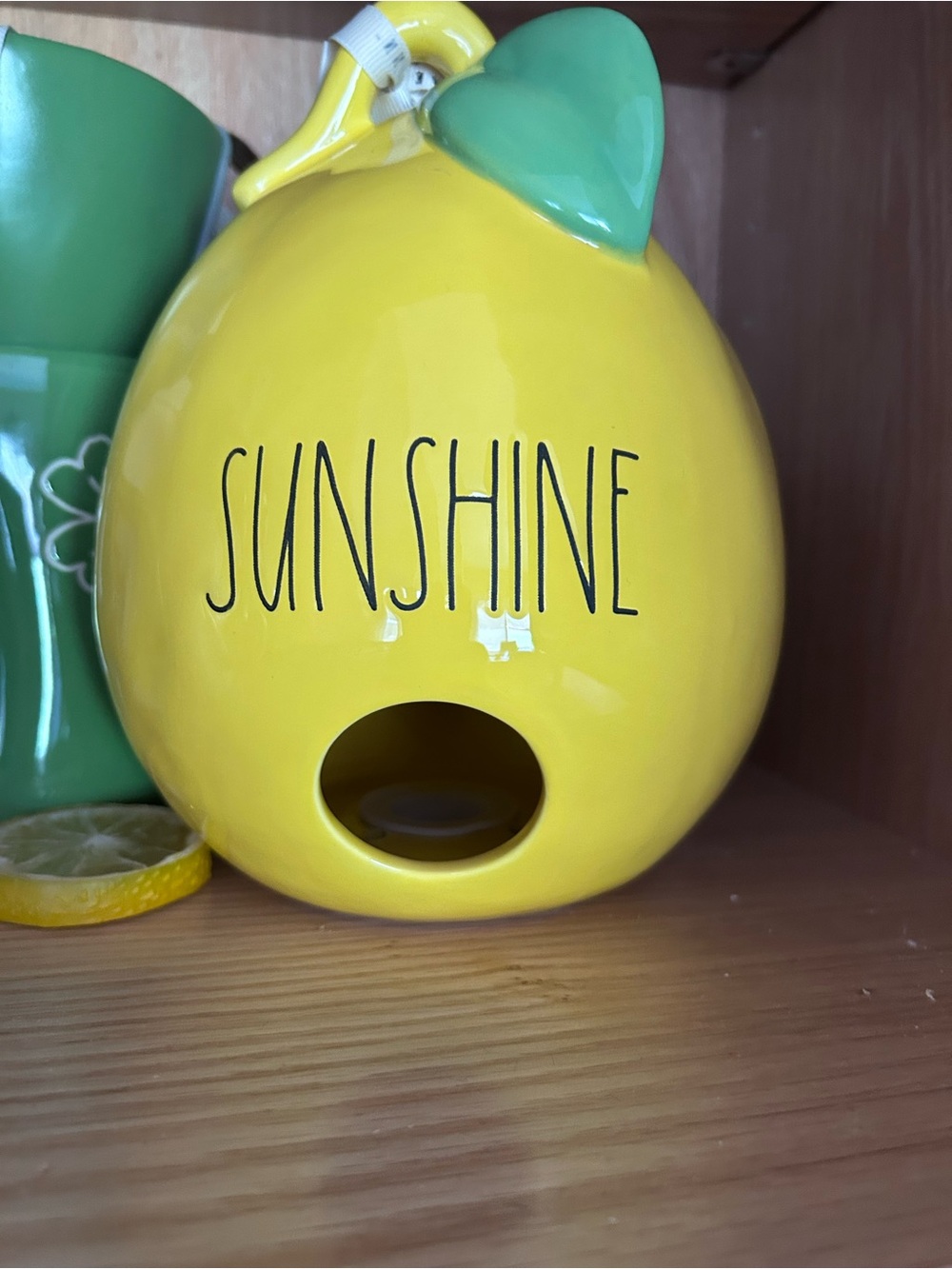 Rae Dunn Yellow 'SUNSHINE' Ceramic Birdhouse with Green Accent